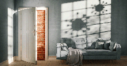 Grey living room with bricked off front door